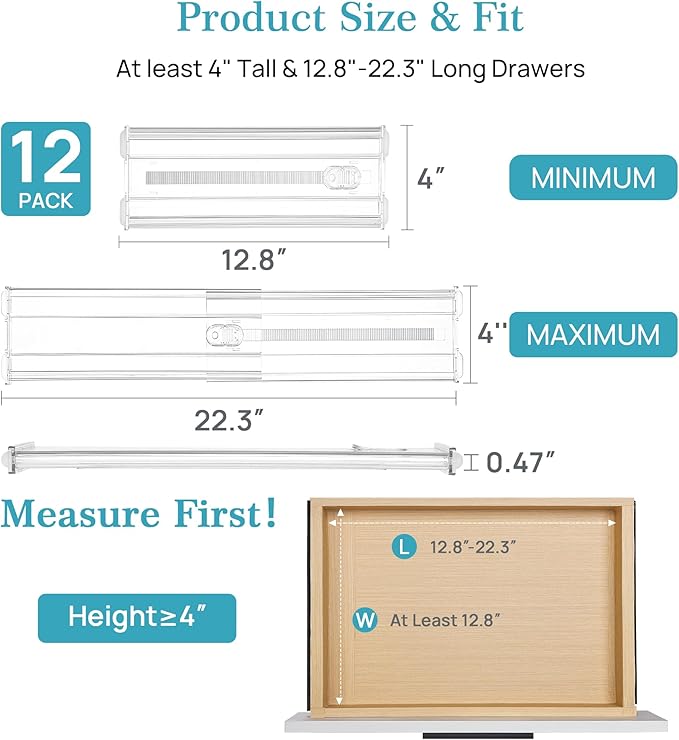 Vtopmart 12 Pack 4" Regular Upgrade Drawer Dividers for Clothes, 12.8"-22.3" Expandable Dresser Drawer Organizer, Clear Plastic Separators for Dresser, Baby Clothing, Underwear, Cosmetic, Toiletries