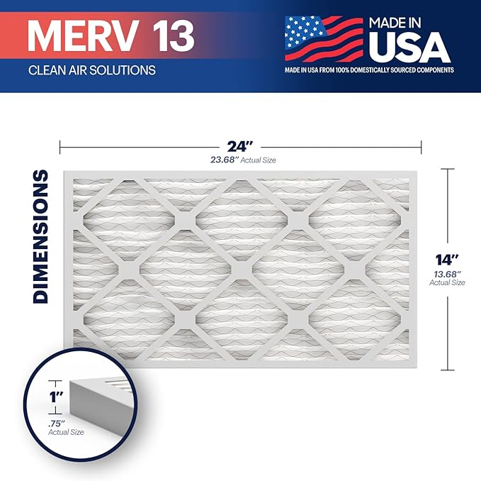 BNX TruFilter 14x24x1 Air Filter MERV 13 (4-Pack) - MADE IN USA - Electrostatic Pleated Air Conditioner HVAC AC Furnace Filters for Allergies, Pollen, Mold, Bacteria, Smoke, Allergen, MPR 1900 FPR 10