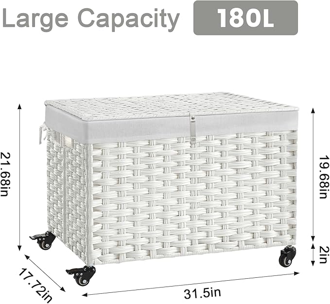 Rolling Storage Basket with Lid, 47.6 Gallon (180L) Storage Bin with Wheels, Woven Rattan Blanket Storage Basket with Handles, Foldable, Metal Frame, Removable Liner for Bedroom, Laundry Room, White