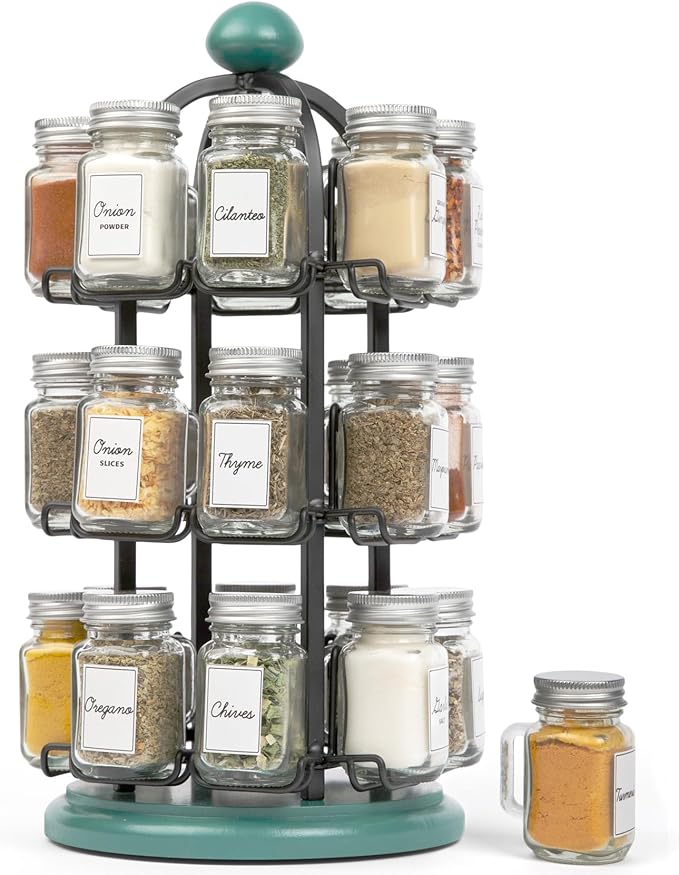 Orii Adrinova 24 Jar Revolving Spice Rack with Spices Included, Spice Organizer for Kitchen Countertop, Black & Green