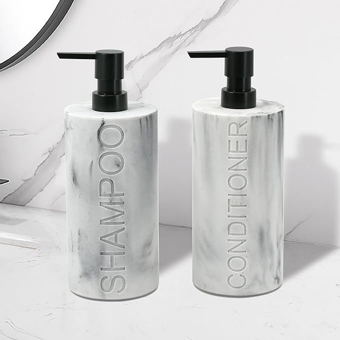 Marble Resin 2 Piece Shampoo and Conditioner Dispenser Set, Luxurious Refillable Pump Bottles with Matte Pump Top and Embossed Text, Durable Design for Bathroom and Shower