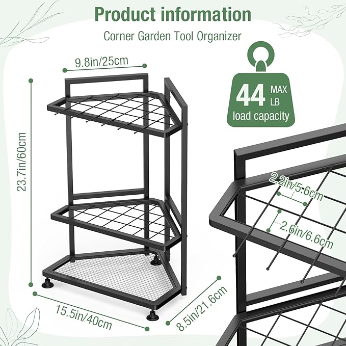 Garden Tool Organizer for Corner,Metal Yard Tool Organizer for Long-Handled Tools/Rakes/Brooms,Side Garden Pocket,Heavy Duty Steel Yard Tool Storage Rack for Garage,Shed, Outdoor