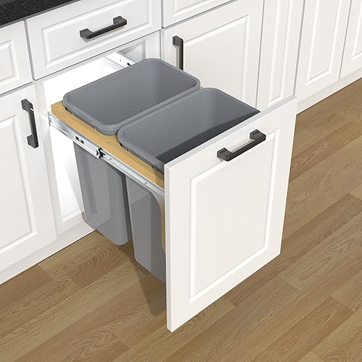 Double Pull Out Under Cabinet Trash Can 35 Qt Garbage Bin for 15" x 1.5" Face Frame, Grey -Only for 18" W*24" D Cabinet