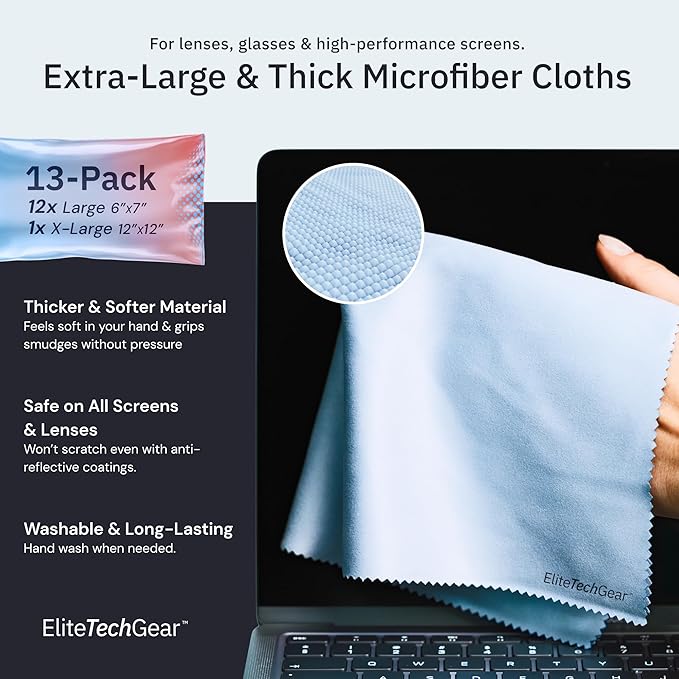Elite Screens Microfiber Cleaning Cloth Set - 13-Pack, Blue, 6 x 7 in & 12 x 12 in - Smudge-Free Eyeglass Cleaner - Scratch-Free Screen Cleaner - Soft Lens Cleaning Cloth