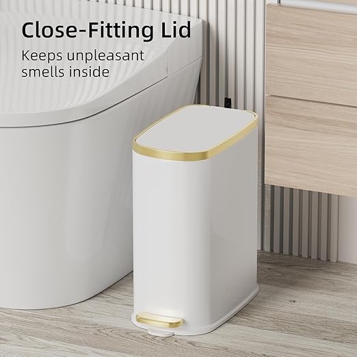 KUK Small Bathroom Trash Can with Lid Soft Close, Step Pedal, 2.4 Gal Stainless Steel Garbage Can with Removable Inner Bucket, Anti-Fingerprint Wastebasket for Office, Bedroom, Toilet (White)