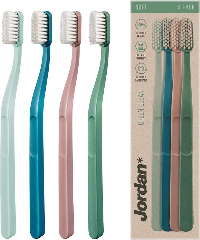 Jordan Green Clean Manual Toothbrush - Sustainable, Scandinavian Design, Soft Bristles, Mixed Colors, 4 Units