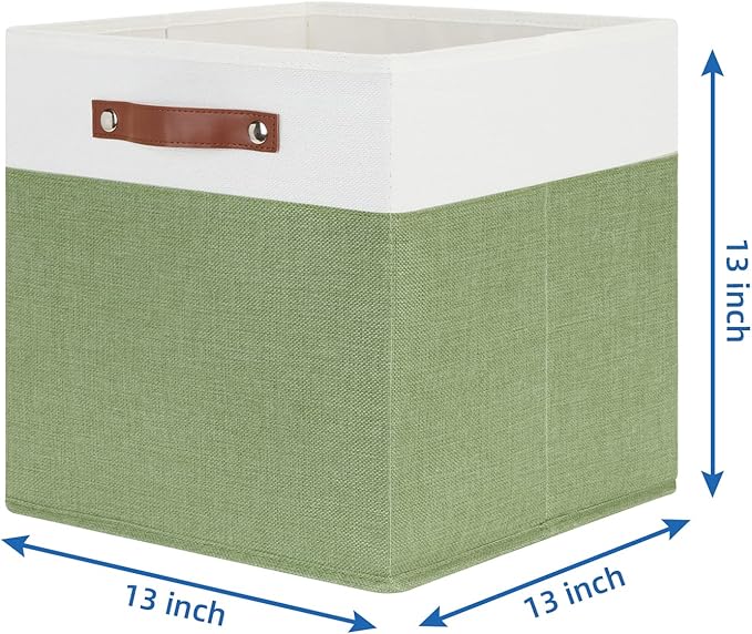 Temary 13 Inch Cube Storage Bin 4 Pack Fabric Storage Cubes Fabric Storage Bin for Shelf, Cube Storage Basket with Leather Handles(White&Green)