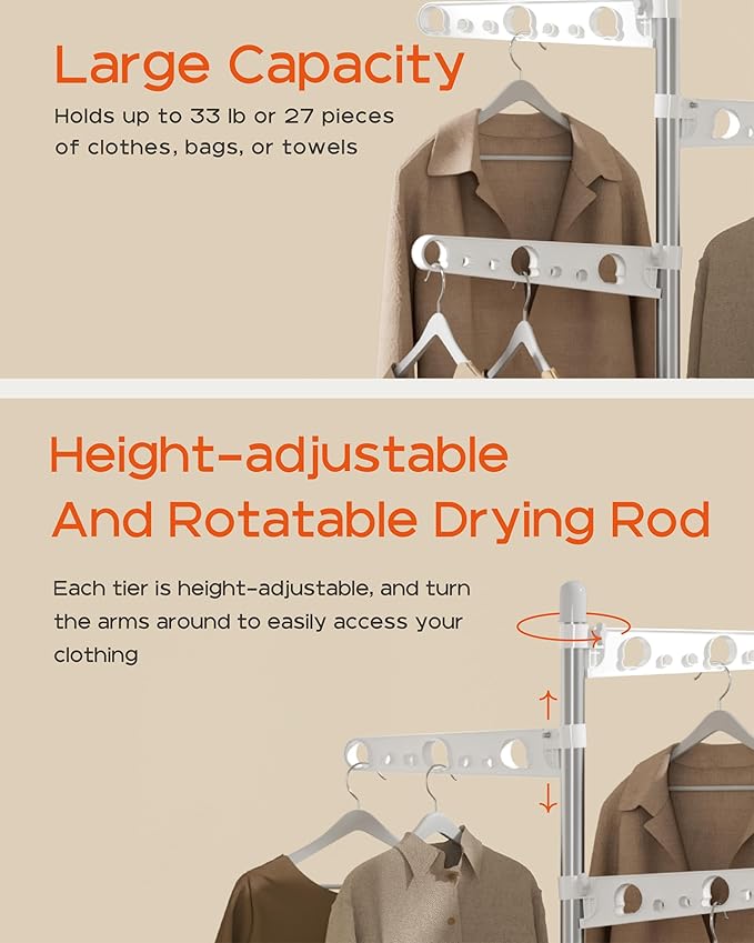 Clothes Drying Rack Foldable, 70.9 inch Tripod Drying Rack for 35 Pieces of Clothes, with Height-Adjustable Rotatable Clothes Rails, Space Saving, Stainless Steel, White and Silver CDR005W01