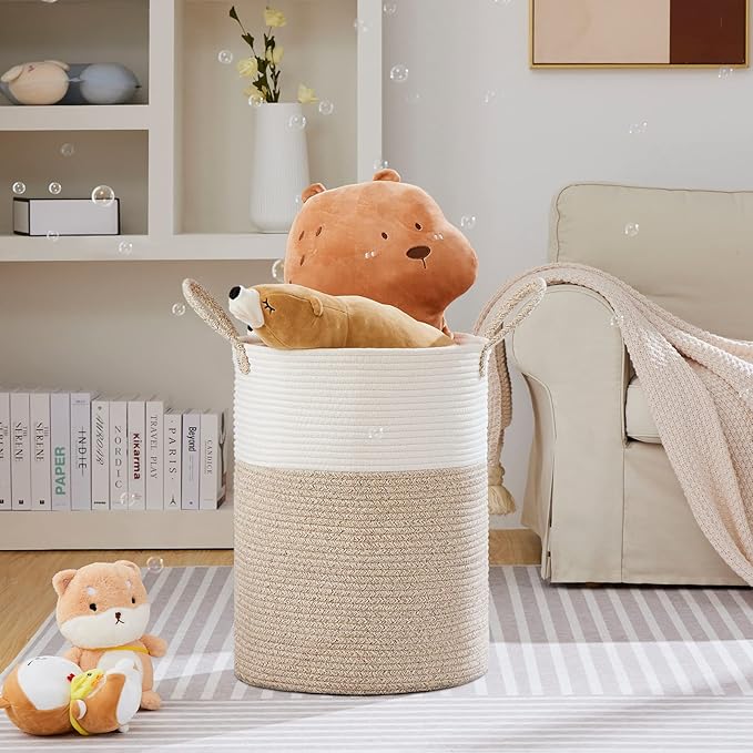 VIPOSCO Large Laundry Hamper, Tall Woven Rope Storage Basket for Blanket, Toys, Dirty Clothes in Living Room, Bathroom, Bedroom - 100L White & Brown