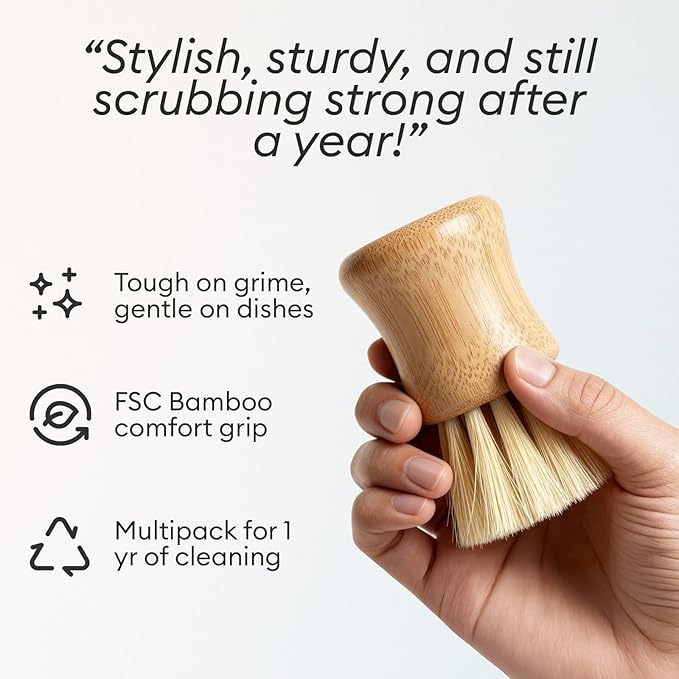 Vove Dish Brush Bundle - FSC-Certified Bamboo Dish Brush & Scrub Brush, 3 Replacement Heads - Natural Fiber Bristles - Non-Toxic, Plastic-Free Kitchen Set
