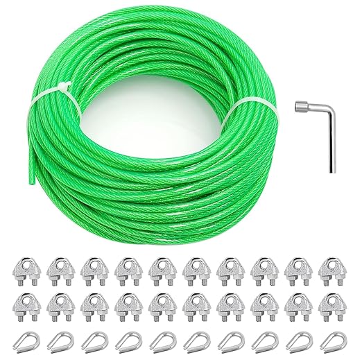 3/16" Wire Rope, 100 Ft PVC Coated Wire Cable Metal Steel Cable Trellis Kit, Multi-use Clothes Line Cable for T Post/Climbing Grapevines Plants Outdoor/String Light Hanging Kit