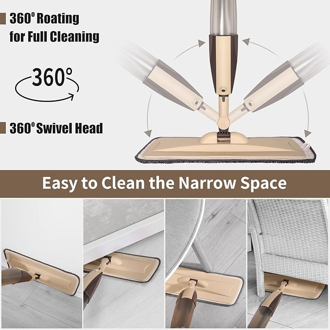 Mops for Floor Cleaning, 50 inch Spray Mop with 400ml Refillable Bottle and 2 Replacement Pads Dry Wet FloorCleaning Household or Commercial Use for Hardwood Laminate Tile Ceramic (Brown)