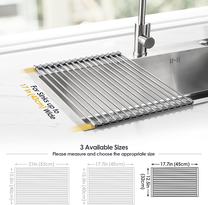 Tomorotec 17.7" x 12.5" Roll Up Dish Drying Rack Over Sink Drying Rack Sink Cover Kitchen Sink Accessories Gadget Multipurpose Organizer Foldable Stainless Steel Drainer