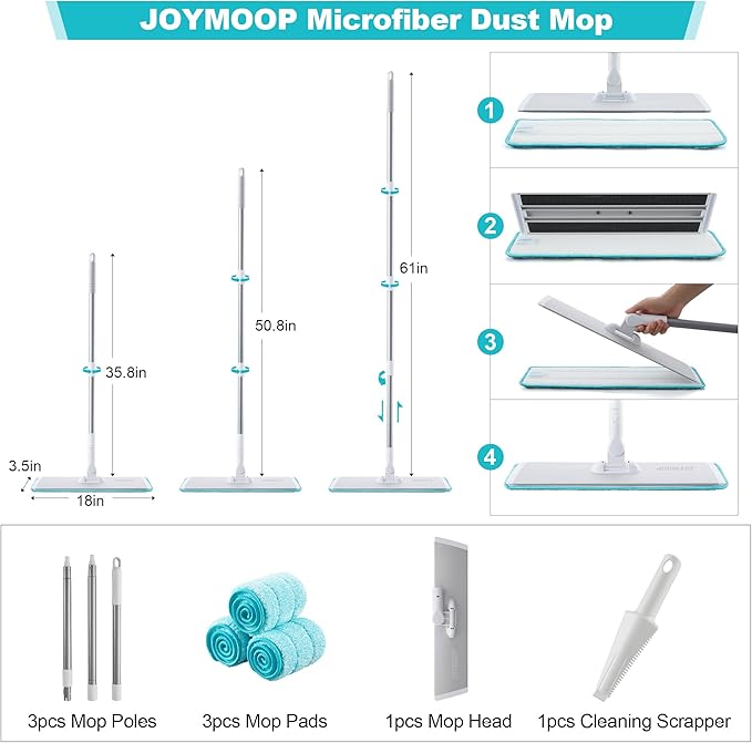 JOYMOOP 18 Inch Dust Mop for Hardwood Floors, Heavy Duty Industrial Wet Dry Mops with Telescopic Handle, Includes 5 Microfiber Mop Pads