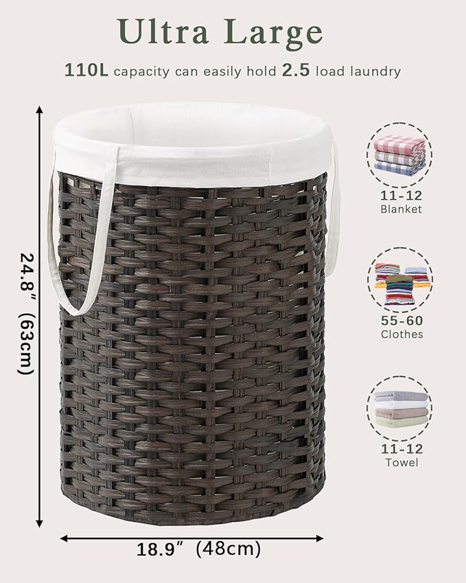 Laundry Basket Round Rattan Laundry Hamper 29.1 Gal (110 L) Handwoven Large Wicker Basket with Handles, Wicker Hamper with Removable Bags and 2 Mesh Bags for Bathroom Living Room Brown