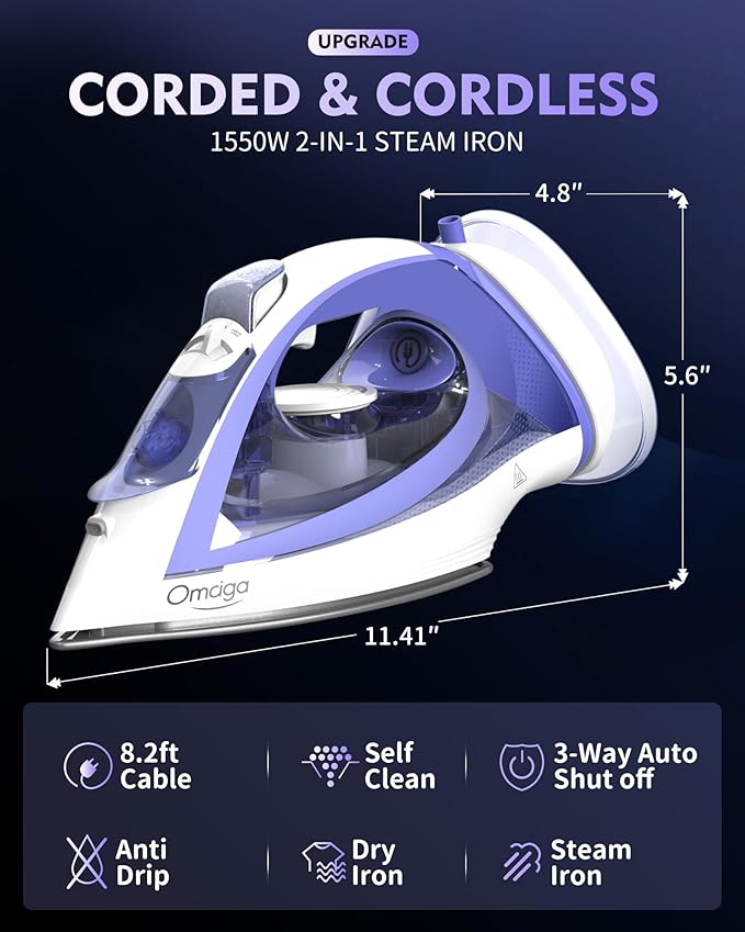 Cordless Iron for Clothes, 1550W 2-In-1 Cordless/Corded Steam Iron Rapid Heating, Ceramic Soleplate, 3-Way Auto-Off, Self-Cleaning, 12.85oz Water Tank Ironing Clothes for Home, Purple