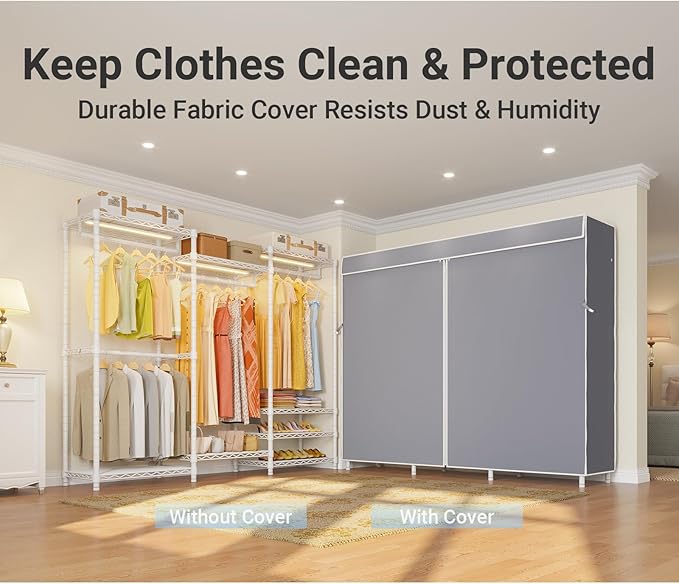 VIPEK V5LC Garment Rack Heavy Duty Covered Clothes Rack with Dimmable LED Lights, 3000K Warm White, Portable Closet Wardrobe Freestanding Clothing Racks for Hanging Clothes, White Rack with Grey Cover