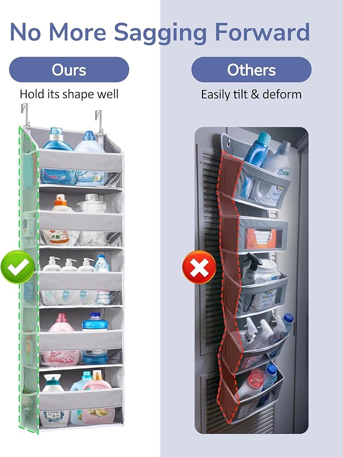 ULG 1 Pack Over Door Organizer with 5 Large Pockets 10 Mesh Side Pockets, 44 lbs Weight Capacity Hanging Storage Organizer with Clear Window for Kids Toys, Shoes, Diapers, Grey, 5 Layer