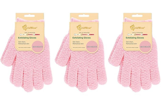 Evridwear Exfoliating Gloves for Shower, 100% Nylon Thick Soft Medium Heavy Bathing Gloves Dead Skin Remover Body Scrubber Smooth Skin with Hang Loop, 3 Pairs Moderate Pink