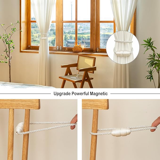 Magnetic Curtain Tiebacks Rope Tie Backs 2 Pack Curtains Holders for Drapes Decorative Window Holdbacks, White