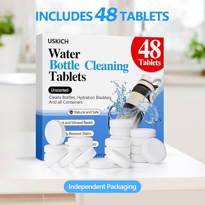 USKICH 48 Pack Water Bottle Cleaning Tablets,Water Bottle Cleaner Great for Stainless Steel, Thermos, Tumbler, Insulated and Reusable Water Bottles,Removes Stubborn Stains and Odors