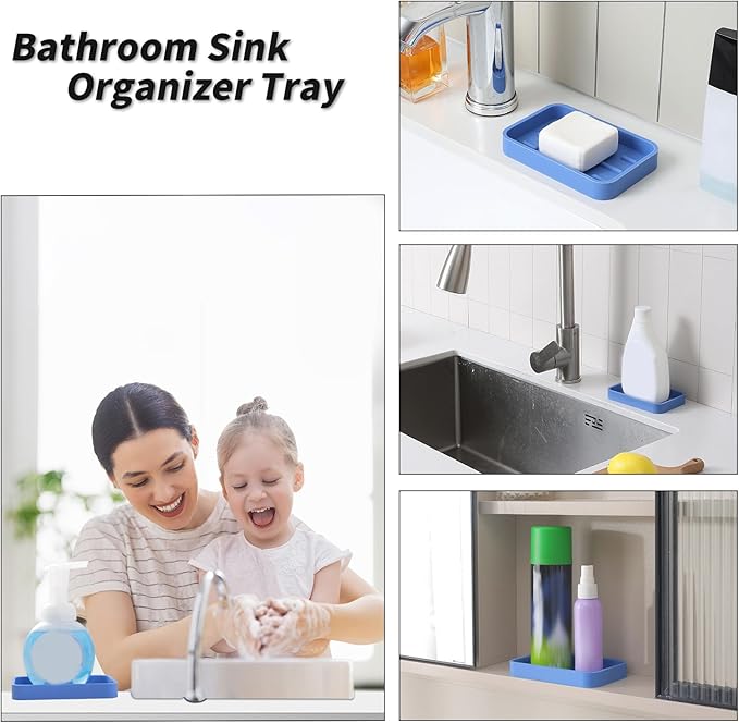 Silicone Kitchen Sink Organizer Tray for Multiple Usage,Easy Clean Sponges Holder for Kitchen Bathroom Counter or Sink,Dish Soap Dispenser,Scrubber,Bottle,Cup Lichen Blue 4.9”x 3.2”