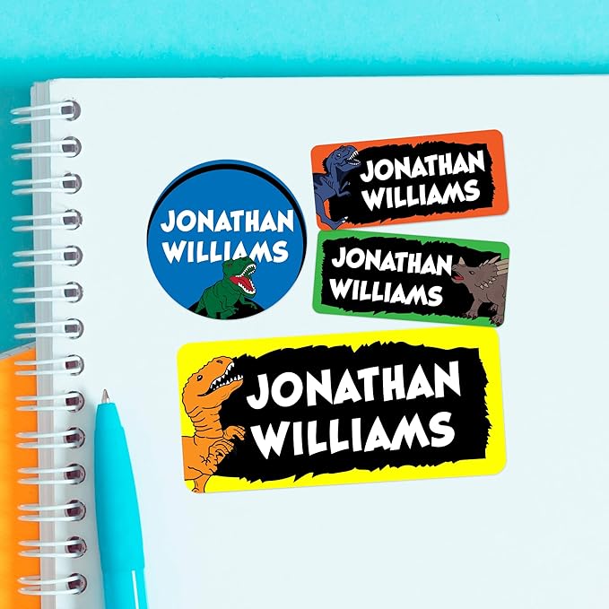 Personalized Name Tag Stickers for Kids (130+ Pack) | Dinosaur Waterproof Labels for School Supplies, Bottles & Lunch Boxes | Custom Vinyl Name Labels for Clothing & Toys (C. Dinosaur)