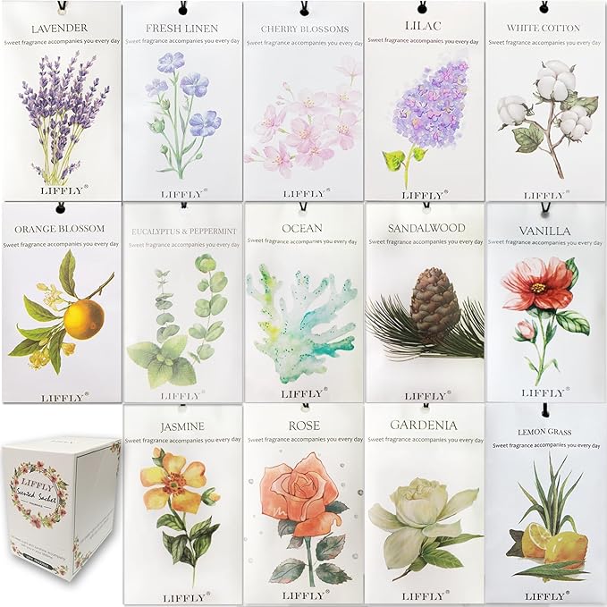 14 Packs Scented Sachets fit Drawers and Closets 14 Different Scent Gift Box