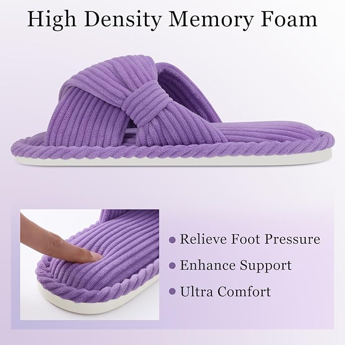 Evshine Summer House Slippers for Women Corduroy Cross Bow Indoor Slippers Open Toe Slip On Bedroom Shoes with Memory Foam