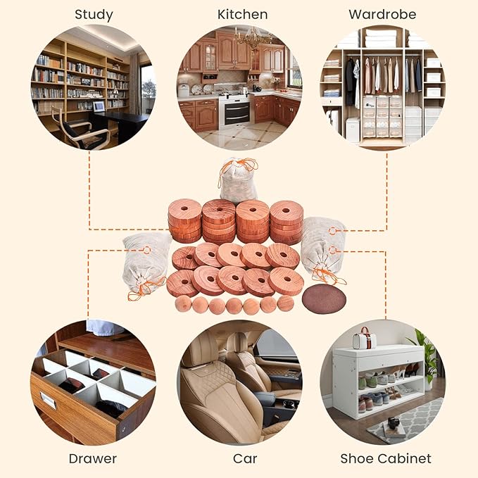 Homode Cedar Chips and Bags, Fresh Cedar Wood Rings and Sachets for Clothes and Shoes Storage, Ideal for Closets and Drawers, 40 Pack
