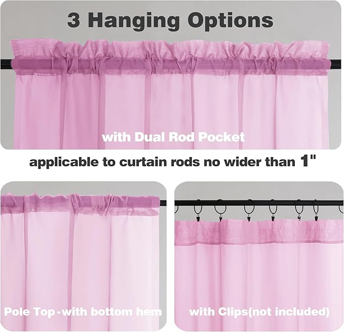 Chyhomenyc Pink Sheer Valances for Window 2 Pack, 42Wx14L Inches Small Sheer Cafe Curtains for Living Room Bathroom Study Cafe Laundry Basement, Cute Rod Pocket Voile Valance
