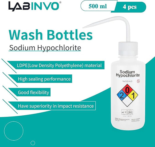 4pcs of Sodium Hypochloride Wash Bottles, Vol.500ml (17oz), Narrow Mouth, Self-Venting Safety Wash Bottles, LDPE Material, IN-WBS500