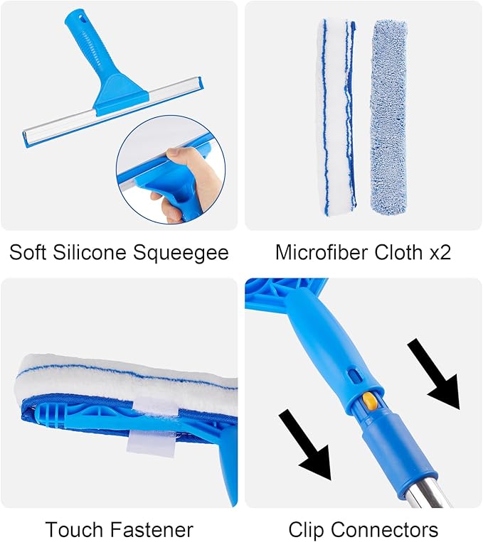 Window Squeegee Cleaner with 4 Stainless Steel Extension Poles,Long Reach to 58inch, Scrubber, Glass Scraper, Bendable Duster, 2 Scrubber Cloth for Window, Car, Professional Cleaning Kit