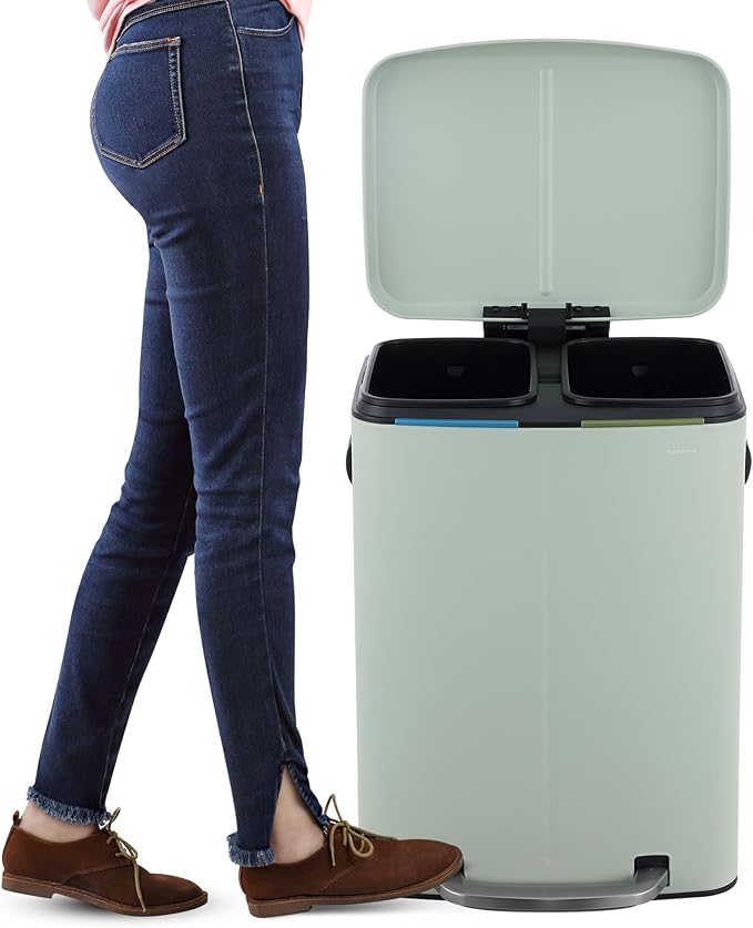 happimess HPM1005E Marco Rectangular 10.6-Gallon Double Bucket Trash Can with Soft-Close Lid, Fingerprint Resistant, Modern, Minimalistic for Home, Kitchen, Office, Bathroom, Pistachio Gelato
