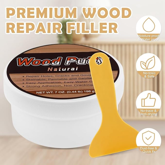SEISSO Wood Filler, Natural Wood Putty for Trim, Wood Filler Paintable, Stainable, Water-Based Wood Putty Filler Outdoor, Wood Repair Kit - Restore Wooden Table, Cabinet, Floors, Door