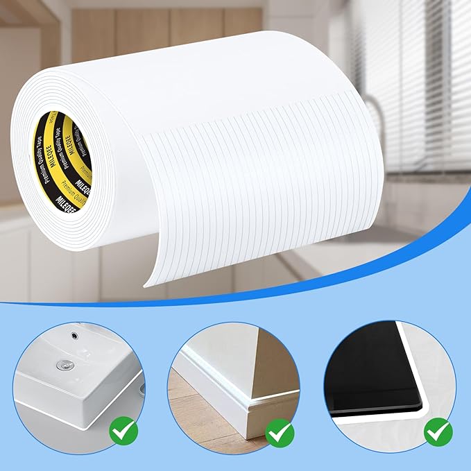 Caulk Sealing Strip for Tiles Bathtub Bathroom Toilet Kitchen,Wall,Corner, Gap Filling Self Adhesive Tape, 0.2in x 6.56FT x 19Strips(125FT Total) Seal Strips for Small Gaps (White)