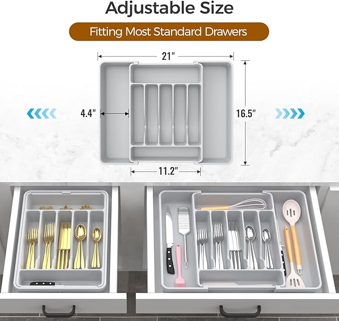 Extra Large Expandable Silverware Organizer, BPA-Free Food-Safe Cutlery Flatware Organizer, Kitchen Utensil Drawer Organizer, Adjustable Silverware Holder for Spoons Forks Knives, Gray