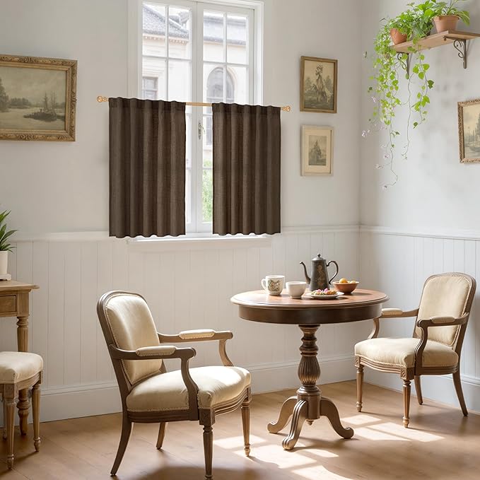 YoungsTex Brown Linen Kitchen Curtains 40 Inches Long for Windows Over Sink, Short Drapes with Back Tab Rod Pocket Light Filtering for Bathroom Cafe Window Fall Decor, 2 Panels, 42 X 40 Inch
