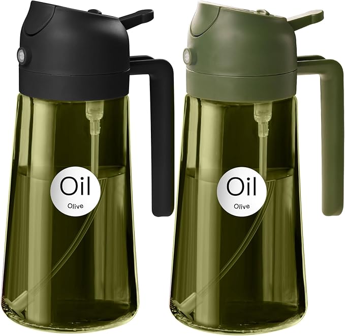 YARRAMATE 2Pcs 16oz/470ml Dark Green Oil Sprayer for Cooking with Stickers, Food-grade Premium 2 in 1 Olive Oil Dispenser Bottle for Kitchen Gadgets, Air Fryer, Salad, Frying, BBQ (Black&OliveGreen)