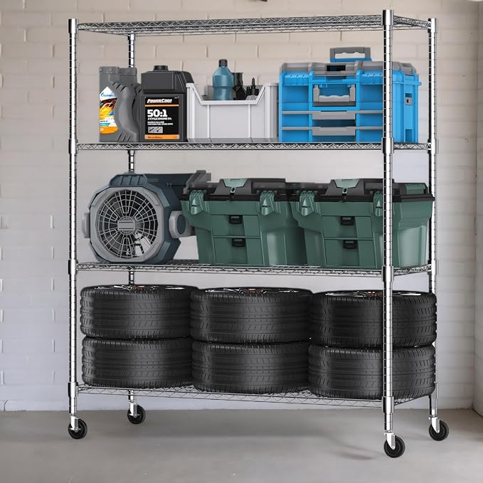 Himimi Storage Shelves 60"W Wire Shelving with Wheels 2600LBS Heavy Duty Metal Shelves for Storage, 4-Tier Adjustable Wire Rack Shelving Garage Shelving Kitchen Storage Shelves 24"Dx60"Wx72"H, Silver