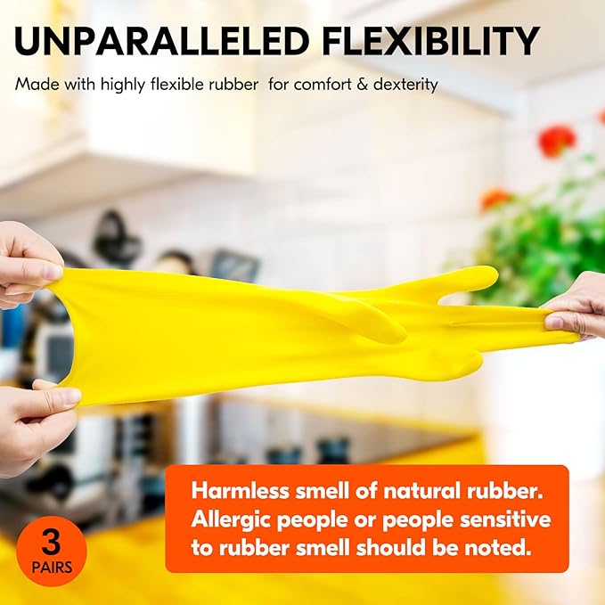 Vgo... 3-Pairs Reusable Household Gloves, Rubber Dishwashing gloves, Extra Thickness, Long Sleeves, Kitchen Cleaning, Working, Painting, Gardening, Pet Care (Size S, Yellow, HH4601)