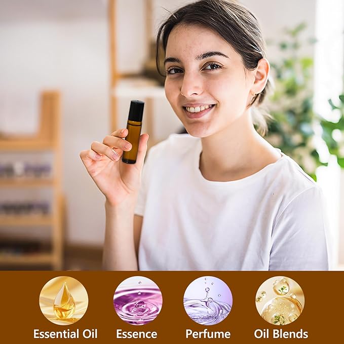 KEYWING 54 Pack Empty Essential Oil Roller Bottles – 10ml Amber Glass Roll-On Bottles with Stainless Steel Roller Balls & Caps, Refillable Perfume Containers for DIY & Travel