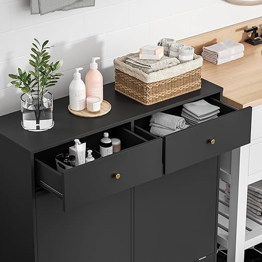 Double Tilt Out Trash Can Cabinet, Trash Storage Cabinet with 2 Drawers, Hidden Garbage Bin, Free Standing Laundry Sorter Organizer for Kitchen Dining Living Room, Bathroom, Black
