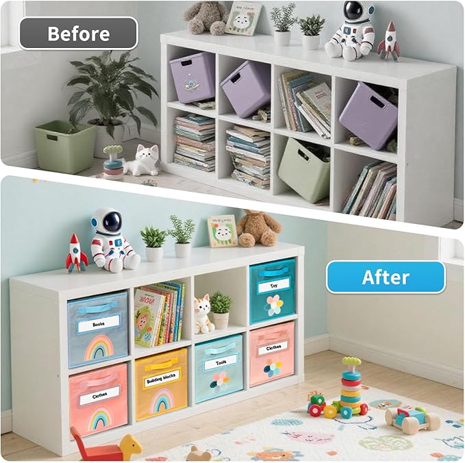 Cube Storage Bins, 6 Pack 11 Inch Fabric Storage Bins with Handle and Label Window, Foldable Storage Cubes, Colorful Fabric Bins for Kids Room, Classroom Organization and Storage, Clothes, Toys