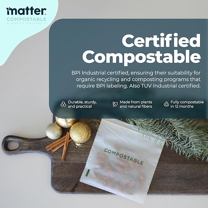 Matter Compostable Assorted Kitchen Bags, 230 Count, Biodegradable, Eco-Friendly Resealable Food Storage Variety Pack, 80 Snack, 80 Sandwich, 50 Quart & 20 Gallon