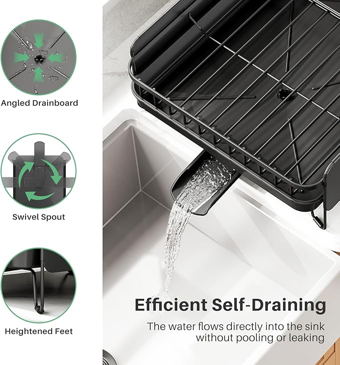 Large Dish Drying Rack - Expandable (19.3" to 29.4") Dish Rack for Kitchen Counter, Stainless Steel Dish Drainer with Utensil Holder, Pan Holder & Pot Lid Holder, Black