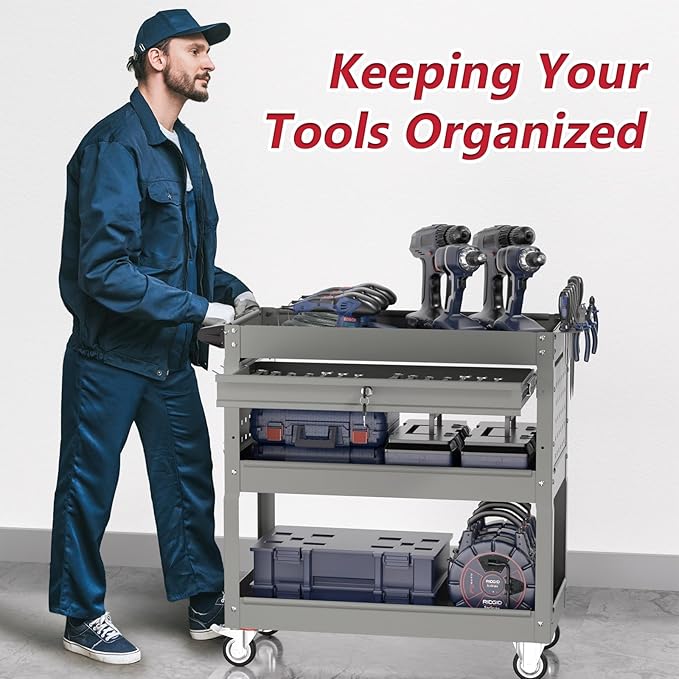 3 Tier Rolling Tool Cart on Wheels, Heavy Duty Industrial Utility Cart Service Cart with Drawer and Screwdriver Rack Pegboard, 550 LBS Mobile Tool Storage Organizer for Workshop, Garage(Gray)