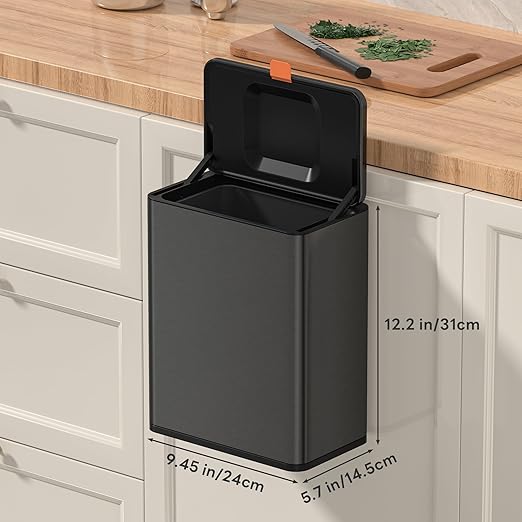 Mbillion Kitchen Compost Bin Hanging Trash Can with Lid 2.1 Gallon Stainless Steel Garbage Can for Kitchen Cabinet Door Mounted Trash Can Under Sink Door RV Bathroom,Brushed Black