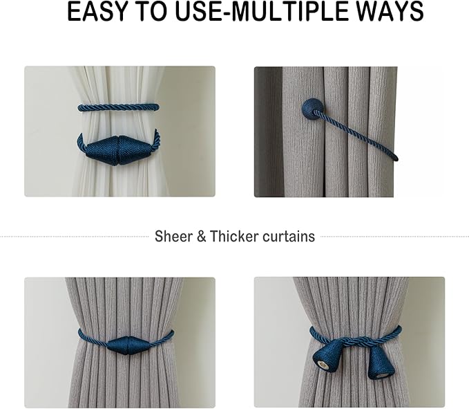 Magnetic Curtain Tiebacks 8 Pack Outdoor Rope Curtain Tie Backs Decorative Window Treatment Holdbacks for Home Decorative Curtain, Blue