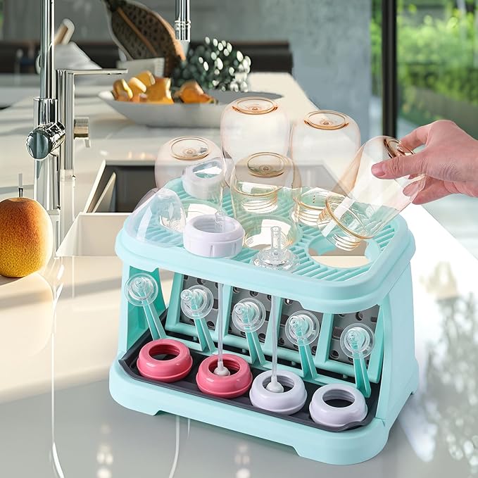 Baby Bottle Drying Rack:Space Saving Standing Drying Rack for Baby Bottles and Pump Part Cleaning,be Equipped with Bottle Brush (Blue)